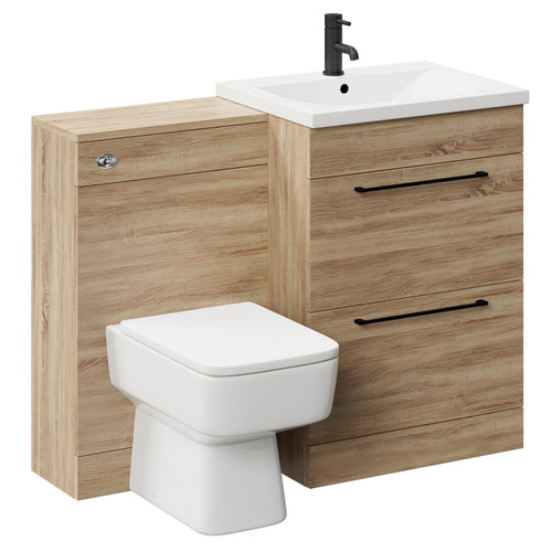 Napoli Bordalino Oak 1100mm Vanity Unit Toilet Suite with 1 Tap Hole Basin and 2 Drawers with Matt Black Handles Left Hand View