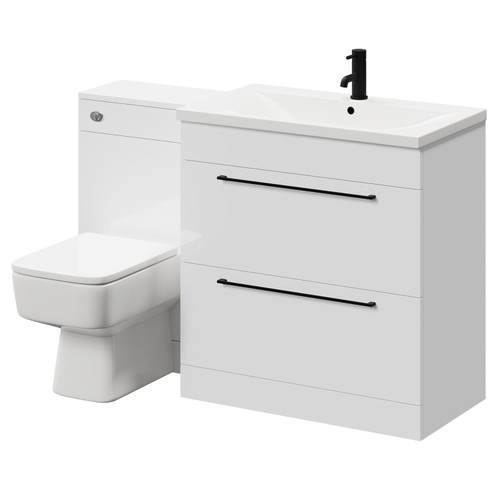 Napoli Gloss White 1300mm Vanity Unit Toilet Suite with 1 Tap Hole Basin and 2 Drawers with Matt Black Handles Right Hand View