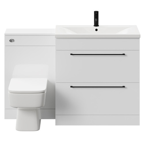 Napoli Gloss White 1300mm Vanity Unit Toilet Suite with 1 Tap Hole Basin and 2 Drawers with Matt Black Handles Front View