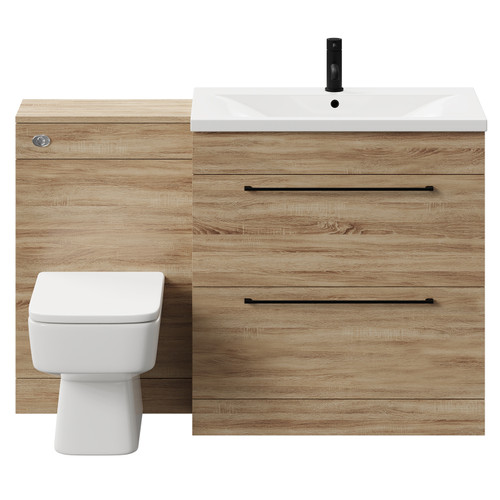 Napoli Bordalino Oak 1300mm Vanity Unit Toilet Suite with 1 Tap Hole Basin and 2 Drawers with Matt Black Handles Front View