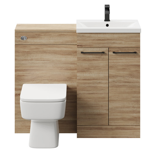Napoli Bordalino Oak 1000mm Vanity Unit Toilet Suite with 1 Tap Hole Basin and 2 Doors with Matt Black Handles Front View