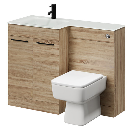 Venice Square Bordalino Oak 1100mm Vanity Unit Toilet Suite with Left Hand White Glass 1 Tap Hole Basin and 2 Doors with Matt Black Handles Right Hand View