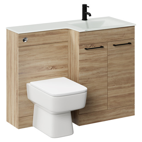 Venice Square Bordalino Oak 1100mm Vanity Unit Toilet Suite with Right Hand White Glass 1 Tap Hole Basin and 2 Doors with Matt Black Handles Left Hand View