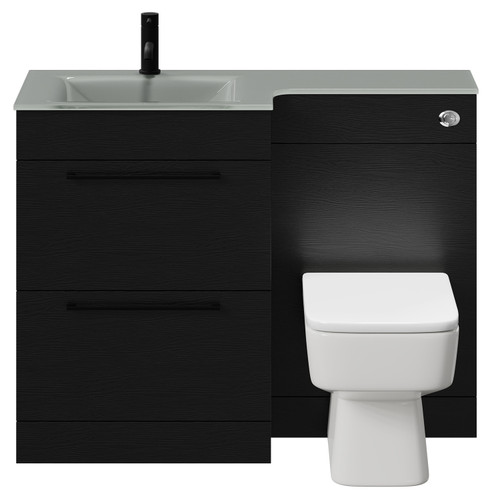 Venice Square Nero Oak 1100mm Vanity Unit Toilet Suite with Left Hand Grey Glass 1 Tap Hole Basin and 2 Drawers with Matt Black Handles Front View