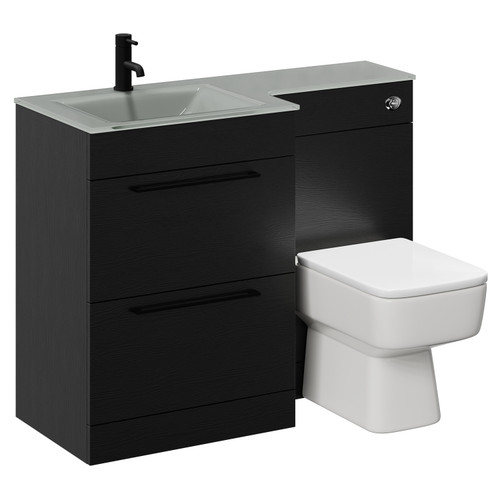 Venice Square Nero Oak 1100mm Vanity Unit Toilet Suite with Left Hand Grey Glass 1 Tap Hole Basin and 2 Drawers with Matt Black Handles Left Hand View