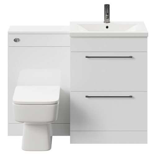 Napoli Gloss White 1100mm Vanity Unit Toilet Suite with 1 Tap Hole Basin and 2 Drawers with Gunmetal Grey Handles Front View