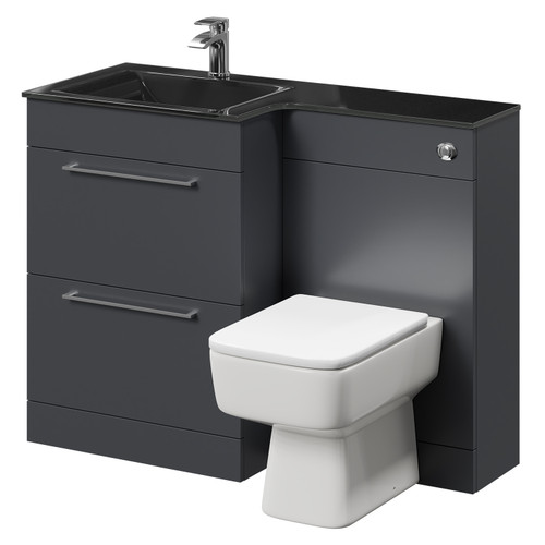 Venice Square Gloss Grey 1100mm Vanity Unit Toilet Suite with Left Hand Anthracite Glass 1 Tap Hole Basin and 2 Drawers with Polished Chrome Handles Right Hand View