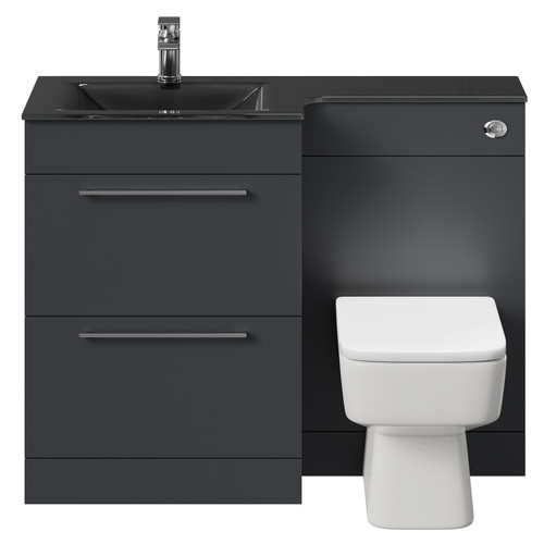 Venice Square Gloss Grey 1100mm Vanity Unit Toilet Suite with Left Hand Anthracite Glass 1 Tap Hole Basin and 2 Drawers with Polished Chrome Handles Front View