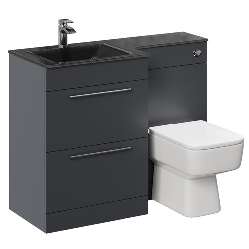 Venice Square Gloss Grey 1100mm Vanity Unit Toilet Suite with Left Hand Anthracite Glass 1 Tap Hole Basin and 2 Drawers with Polished Chrome Handles Left Hand View