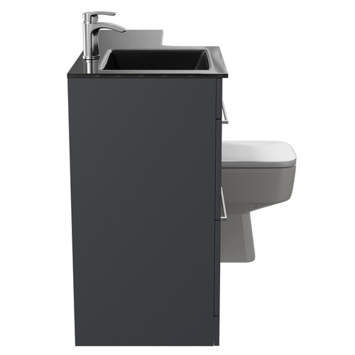 Venice Square Gloss Grey 1100mm Vanity Unit Toilet Suite with Left Hand Anthracite Glass 1 Tap Hole Basin and 2 Drawers with Polished Chrome Handles Side View