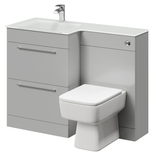 Venice Square Gloss Grey Pearl 1100mm Vanity Unit Toilet Suite with Left Hand White Glass 1 Tap Hole Basin and 2 Drawers with Polished Chrome Handles Right Hand View