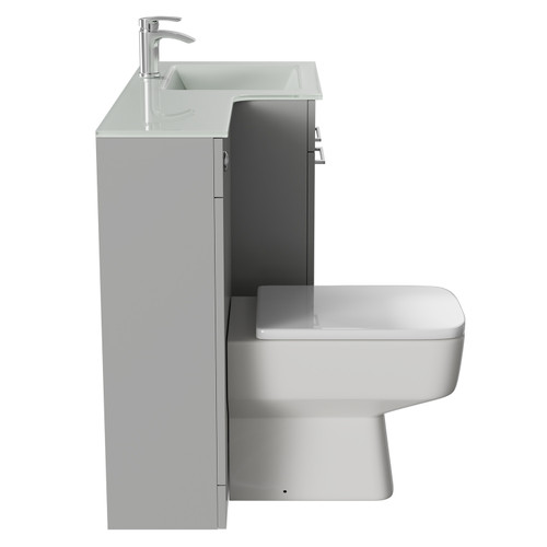 Venice Square Gloss Grey Pearl 1100mm Vanity Unit Toilet Suite with Right Hand White Glass 1 Tap Hole Basin and 2 Doors with Polished Chrome Handles Side View