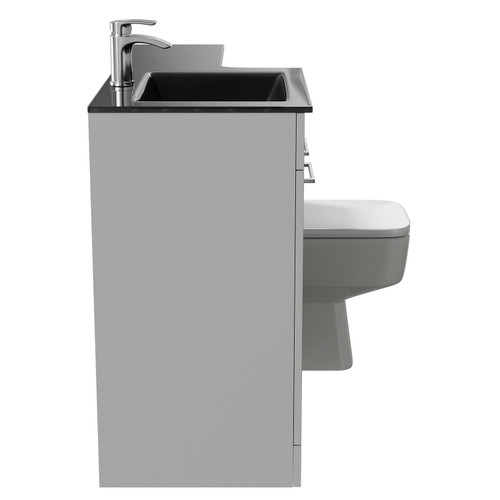 Venice Square Gloss Grey Pearl 1100mm Vanity Unit Toilet Suite with Left Hand Anthracite Glass 1 Tap Hole Basin and 2 Doors with Polished Chrome Handles Side View