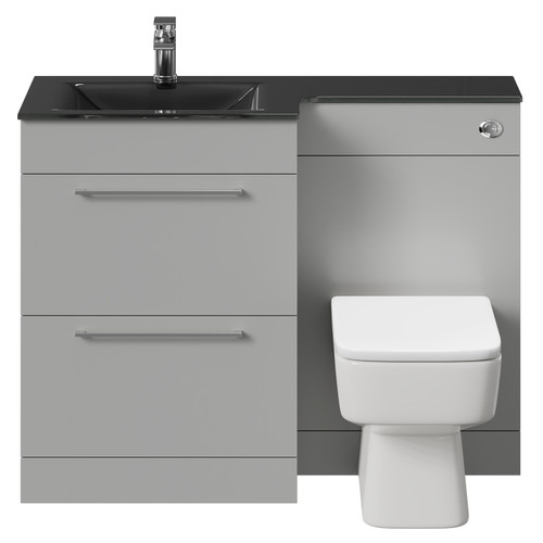 Venice Square Gloss Grey Pearl 1100mm Vanity Unit Toilet Suite with Left Hand Anthracite Glass 1 Tap Hole Basin and 2 Drawers with Polished Chrome Handles Front View