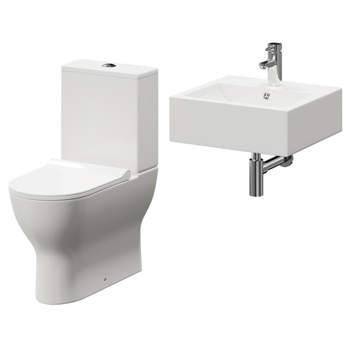 Elvas 470mm Wall Hung Basin and Toilet Suite including Round Polished Chrome Bottle Trap and Closed Back Toilet Right Hand View