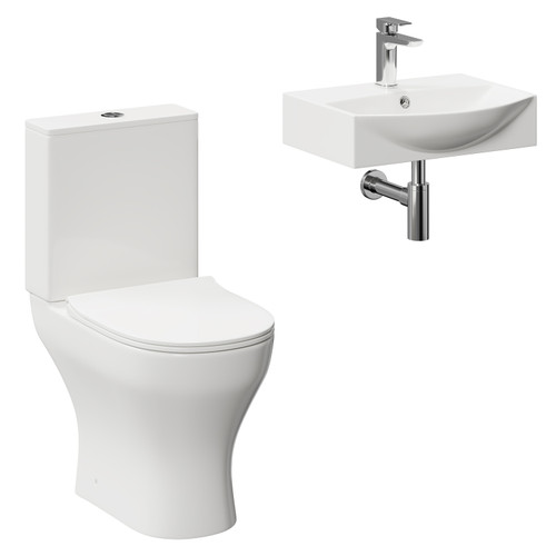 Tondela 500mm Wall Hung Basin and Toilet Suite including Round Polished Chrome Bottle Trap and Open Back Toilet Left Hand View