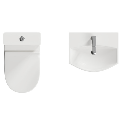Tondela 500mm Wall Hung Basin and Toilet Suite including Round Polished Chrome Bottle Trap and Open Back Toilet Top View