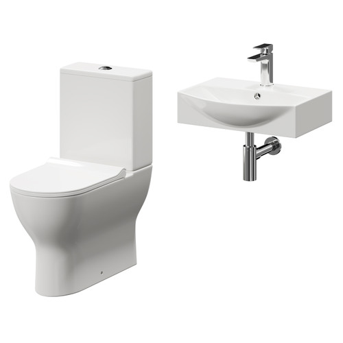 Tondela 500mm Wall Hung Basin and Toilet Suite including Round Polished Chrome Bottle Trap and Closed Back Toilet Right Hand View