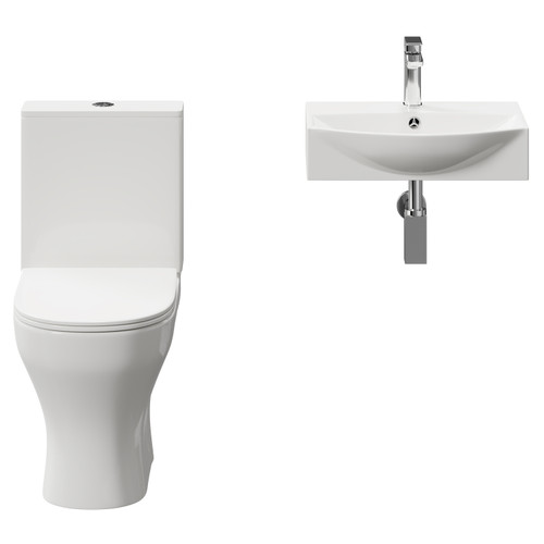 Tondela 500mm Wall Hung Basin and Toilet Suite including Square Polished Chrome Bottle Trap and Open Back Toilet Front View