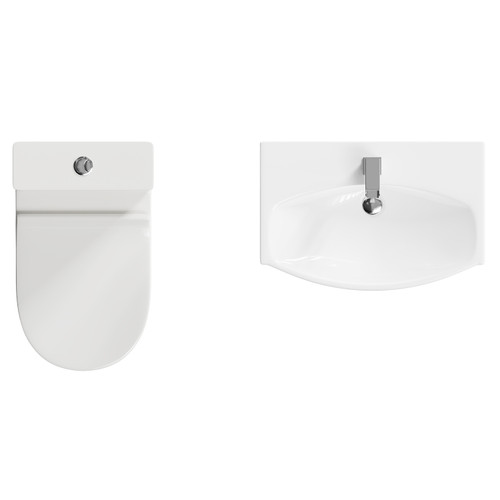 Cambra 600mm Wall Hung Basin and Toilet Suite including Square Polished Chrome Bottle Trap and Open Back Toilet Top View