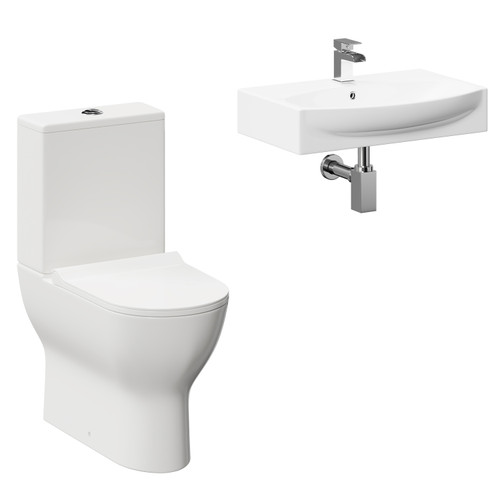 Cambra 600mm Wall Hung Basin and Toilet Suite including Square Polished Chrome Bottle Trap and Closed Back Toilet Left Hand View