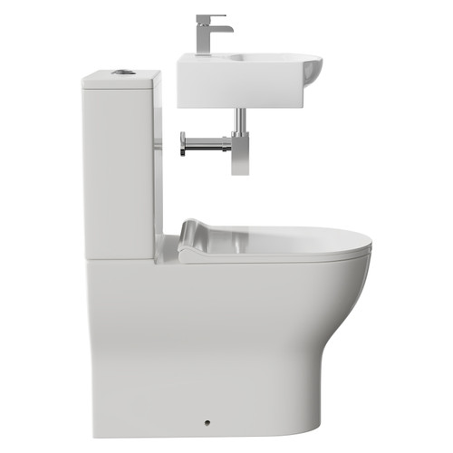 Cambra 600mm Wall Hung Basin and Toilet Suite including Square Polished Chrome Bottle Trap and Closed Back Toilet Side View