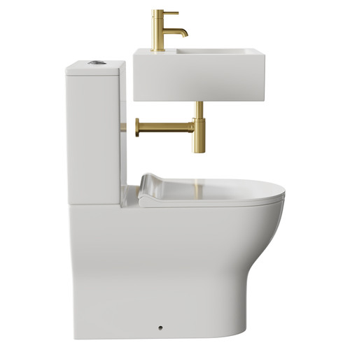 Elvas 470mm Wall Hung Basin and Toilet Suite including Round Brushed Brass Bottle Trap and Closed Back Toilet Side View