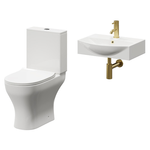 Tondela 500mm Wall Hung Basin and Toilet Suite including Round Brushed Brass Bottle Trap and Open Back Toilet Right Hand View