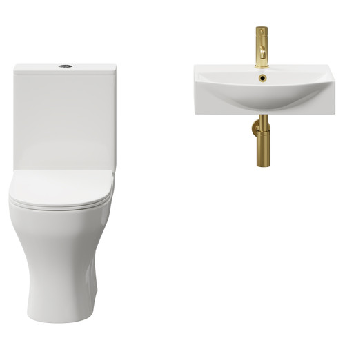 Tondela 500mm Wall Hung Basin and Toilet Suite including Round Brushed Brass Bottle Trap and Open Back Toilet Front View