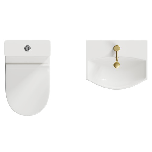 Tondela 500mm Wall Hung Basin and Toilet Suite including Round Brushed Brass Bottle Trap and Open Back Toilet Top View