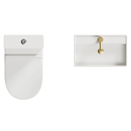 Tomar 505mm Wall Hung Basin and Toilet Suite including Round Brushed Brass Bottle Trap and Open Back Toilet Top View