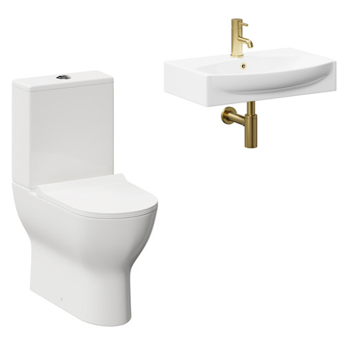 Cambra 600mm Wall Hung Basin and Toilet Suite including Round Brushed Brass Bottle Trap and Closed Back Toilet Left Hand View