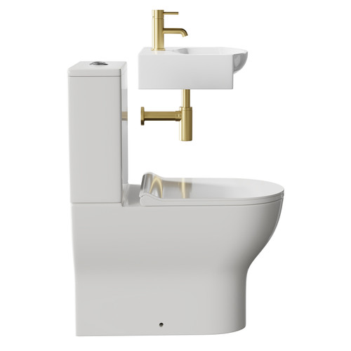 Cambra 600mm Wall Hung Basin and Toilet Suite including Round Brushed Brass Bottle Trap and Closed Back Toilet Side View