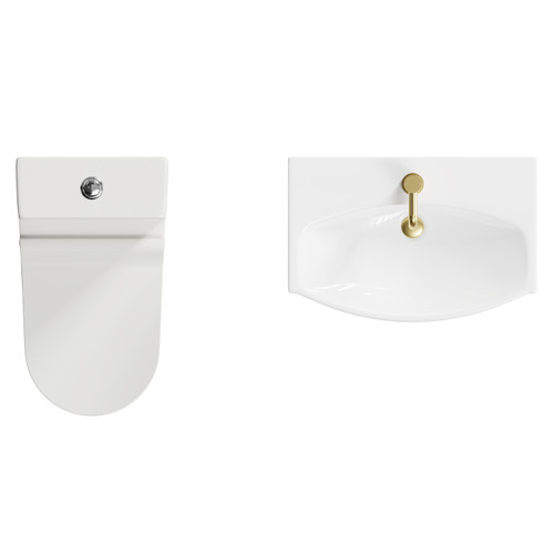 Cambra 600mm Wall Hung Basin and Toilet Suite including Round Brushed Brass Bottle Trap and Closed Back Toilet Top View