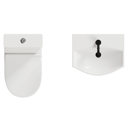 Tondela 500mm Wall Hung Basin and Toilet Suite including Round Matt Black Bottle Trap and Open Back Toilet Top View