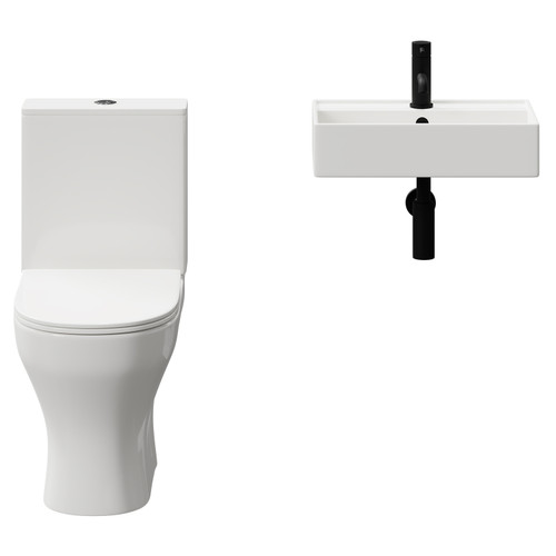 Tomar 505mm Wall Hung Basin and Toilet Suite including Round Matt Black Bottle Trap and Open Back Toilet Front View