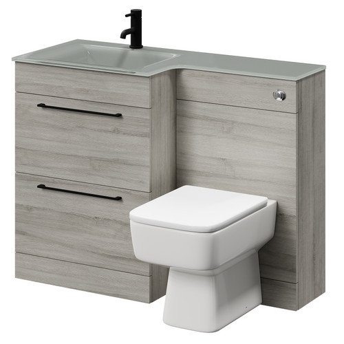 Venice Square Molina Ash 1100mm Vanity Unit Toilet Suite with Left Hand Grey Glass 1 Tap Hole Basin and 2 Drawers with Matt Black Handles Right Hand View