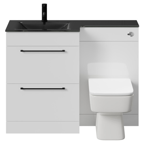 Venice Square Gloss White 1100mm Vanity Unit Toilet Suite with Left Hand Anthracite Glass 1 Tap Hole Basin and 2 Drawers with Matt Black Handles Front View