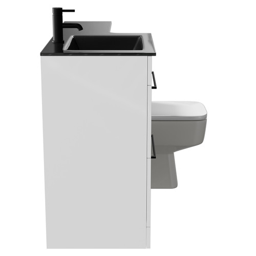 Venice Square Gloss White 1100mm Vanity Unit Toilet Suite with Left Hand Anthracite Glass 1 Tap Hole Basin and 2 Drawers with Matt Black Handles Side View