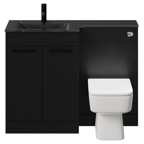 Venice Square Nero Oak 1100mm Vanity Unit Toilet Suite with Left Hand Anthracite Glass 1 Tap Hole Basin and 2 Doors with Matt Black Handles Front View