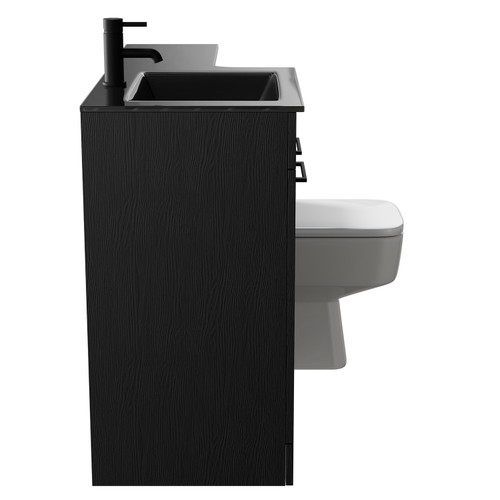 Venice Square Nero Oak 1100mm Vanity Unit Toilet Suite with Left Hand Anthracite Glass 1 Tap Hole Basin and 2 Doors with Matt Black Handles Side View