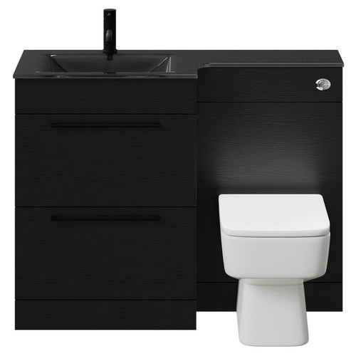 Venice Square Nero Oak 1100mm Vanity Unit Toilet Suite with Left Hand Anthracite Glass 1 Tap Hole Basin and 2 Drawers with Matt Black Handles Front View