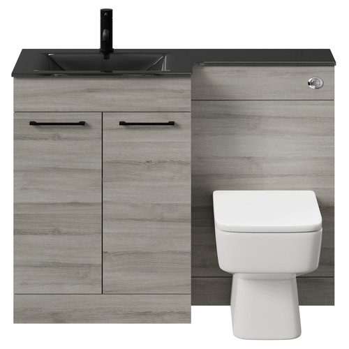 Venice Square Molina Ash 1100mm Vanity Unit Toilet Suite with Left Hand Anthracite Glass 1 Tap Hole Basin and 2 Doors with Matt Black Handles Front View