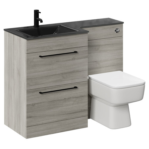 Venice Square Molina Ash 1100mm Vanity Unit Toilet Suite with Left Hand Anthracite Glass 1 Tap Hole Basin and 2 Drawers with Matt Black Handles Left Hand View