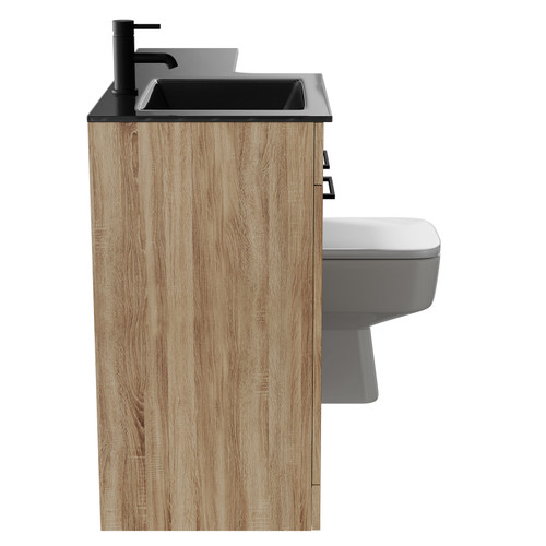 Venice Square Bordalino Oak 1100mm Vanity Unit Toilet Suite with Left Hand Anthracite Glass 1 Tap Hole Basin and 2 Doors with Matt Black Handles Side View