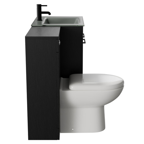 Venice Mono Nero Oak 1100mm Vanity Unit Toilet Suite with Grey Glass 1 Tap Hole Basin and 2 Doors with Matt Black Handles Side View
