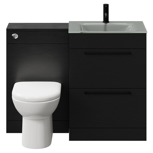 Venice Mono Nero Oak 1100mm Vanity Unit Toilet Suite with Grey Glass 1 Tap Hole Basin and 2 Drawers with Matt Black Handles Front View