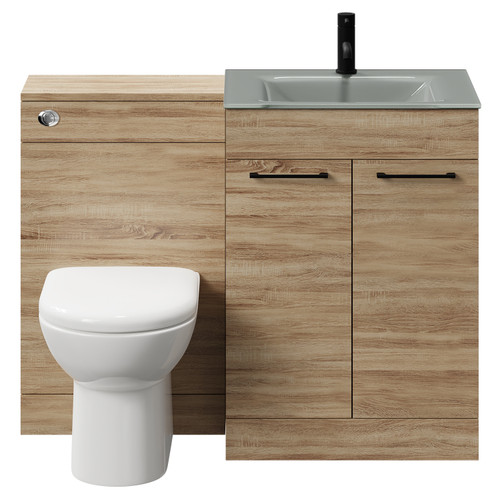 Venice Mono Bordalino Oak 1100mm Vanity Unit Toilet Suite with Grey Glass 1 Tap Hole Basin and 2 Doors with Matt Black Handles Front View