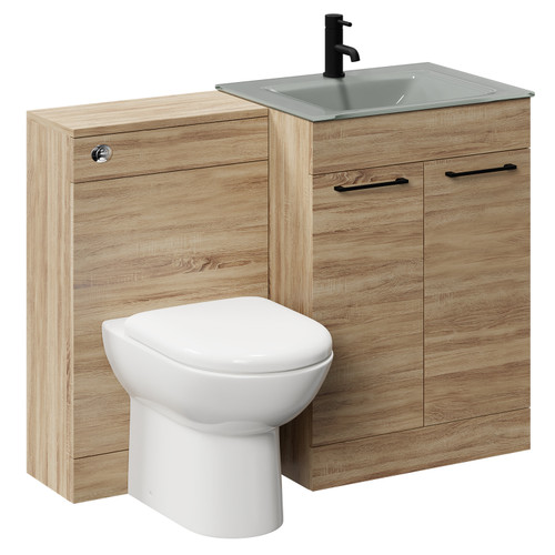 Venice Mono Bordalino Oak 1100mm Vanity Unit Toilet Suite with Grey Glass 1 Tap Hole Basin and 2 Doors with Matt Black Handles Left Hand View