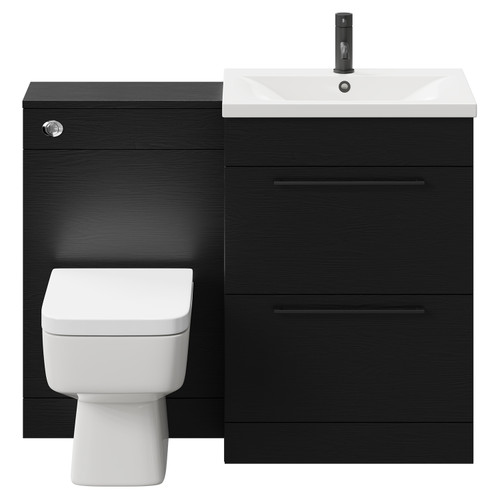 Napoli Nero Oak 1100mm Vanity Unit Toilet Suite with 1 Tap Hole Basin and 2 Drawers with Matt Black Handles Front View